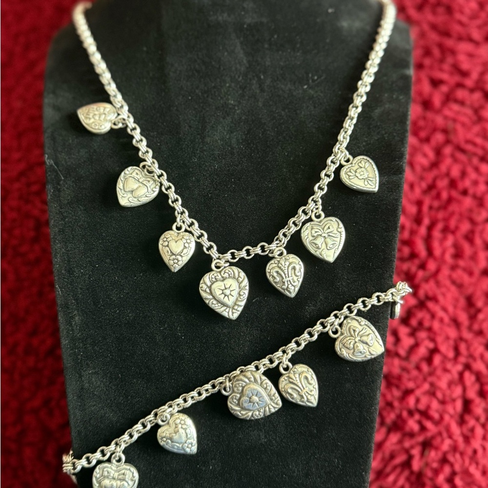Silver Heart Charm Necklace and Bracelet Set